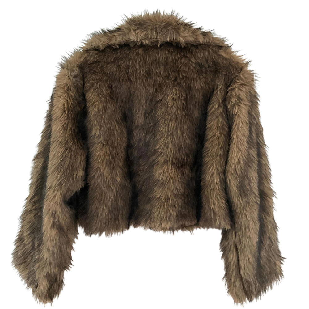 NWT Luxury Sz L Brown Cropped Faux Fur Coat Chic IT Girl Street Style Glam Vibe - Picture 4 of 9